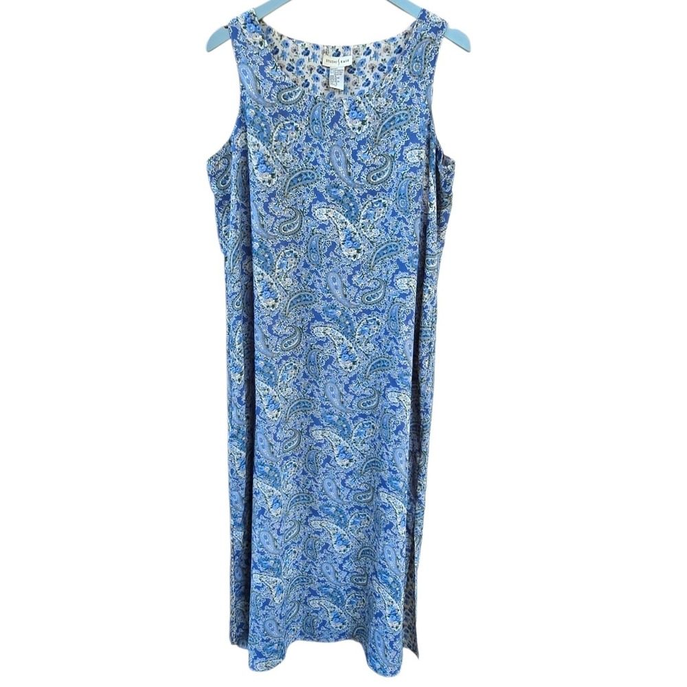 Studio Ease Reversible Maxi Dress Size 14 Blue Floral Paisley Shift VTG 90s Mint